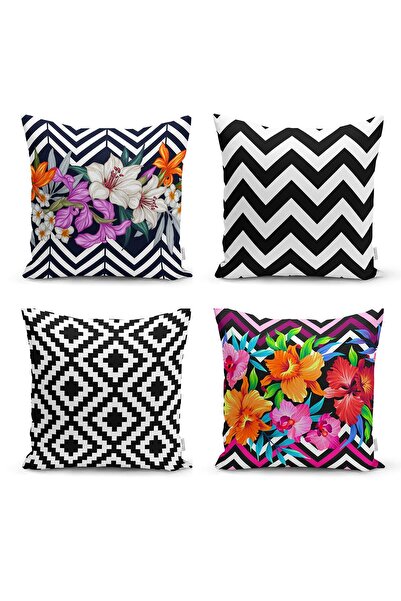 Nish & Royal Tropical Leaves on Geometric Lines 4-Piece Pillow Cushion Cover