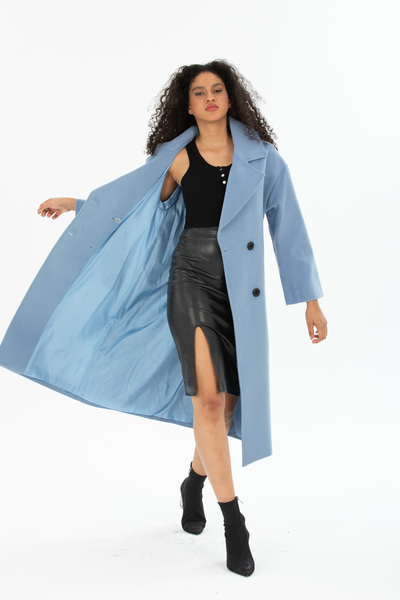 Pitti Women's Indigo Blue Buttoned Oversize Lined Coat with Pockets
