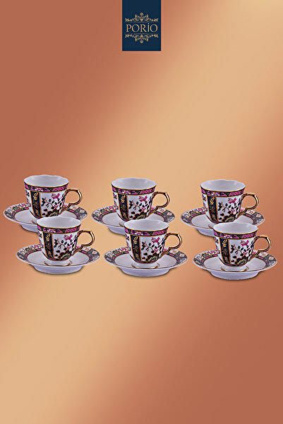 Porio 12 Parça 6 Kişilik Porselen Renkli Altın İşlemeli Türk Kahvesi Fincan Takımı