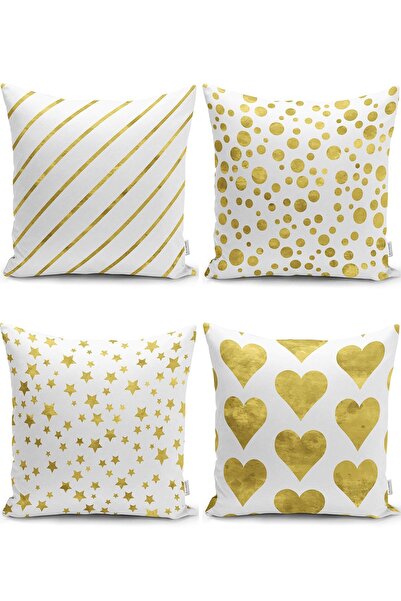 Nish & Royal Gold Detailed Modern Pillow and Cushion Cover Set on White Backg...