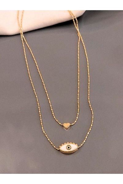 TÜKKAN ACCESSORİES Gold Double - Eye Evil Eye and Heart Multiple Combination Necklace - Kol145