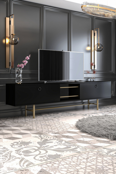 Givayo Mobilya GORDON SİYAH TV ÜNİTESİ 180 CM DEMİR AYAKLI