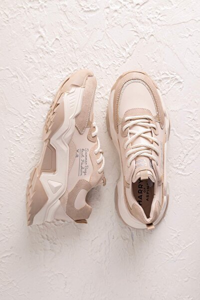 Getcho Verty Women's Beige Chunky Sneaker High Sole Stylish Sports Casual Combination Comfortable Shoe Model