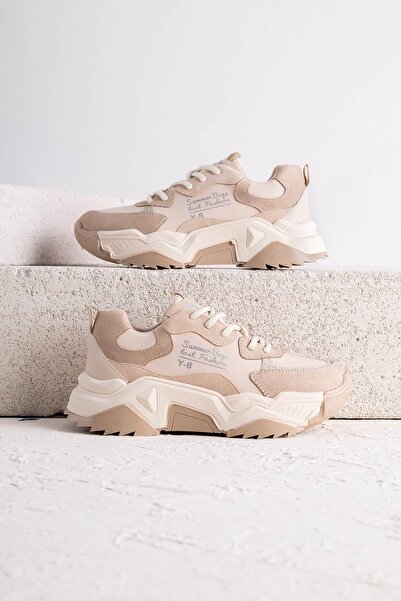 Getcho Verty Women's Beige Chunky Sneaker High Sole Stylish Sports Casual Combination Comfortable Shoe Model