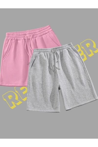 Revasser Unisex Kadın/Erkek 2 li Düz Renkli Kısa Penye Şort