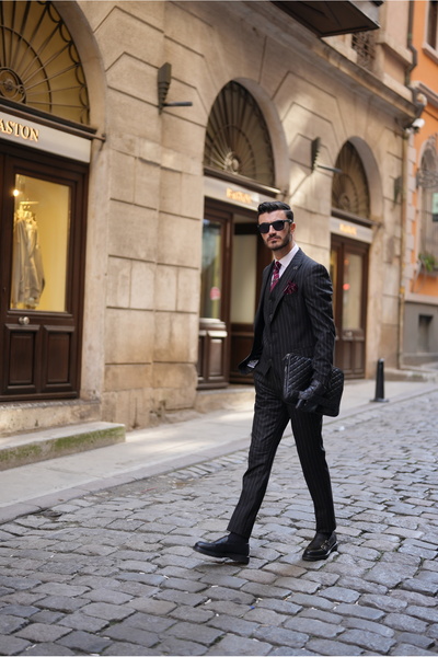 LONATOLİA Men's Striped Suit Italian Style Slim Fit Jacket Vest Pants