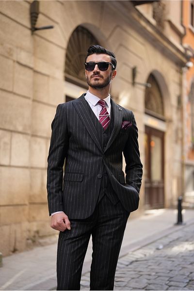 LONATOLİA Men's Striped Suit Italian Style Slim Fit Jacket Vest Pants
