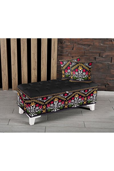 Armi Puf Siyah Nakış Çiçekler Desenli Sandıklı Puf +2 Kırlent