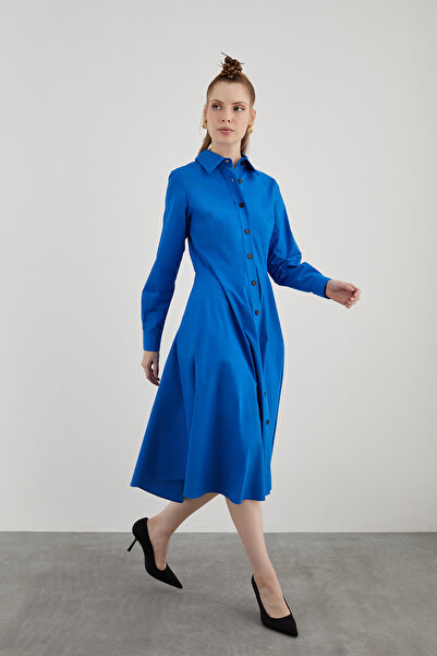 kı.we Dik Yaka Midi Boy Kloş Etekli Uzun Kollu Lacivert Gömlek Elbise