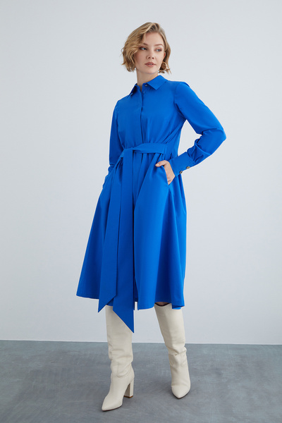 kı.we Gold Düğme Detaylı Midi Boy Rahat Kesim Pamuk Elbise