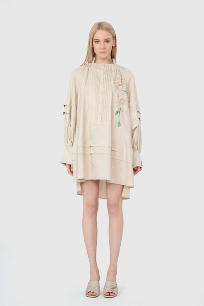 GİZİA Mini Beige Dress with Battery and Ribbed Detailed Embroidery Process