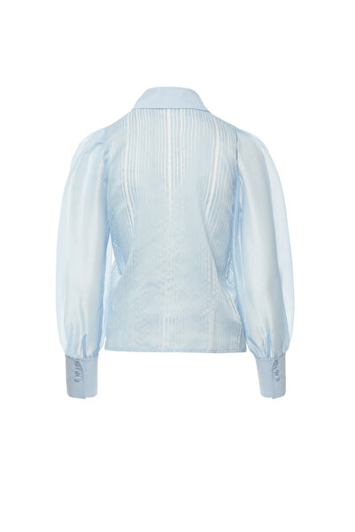 GİZİA Çiçek Broşlı Dantel Aksesuarlı Transparan Mavi Gömlek