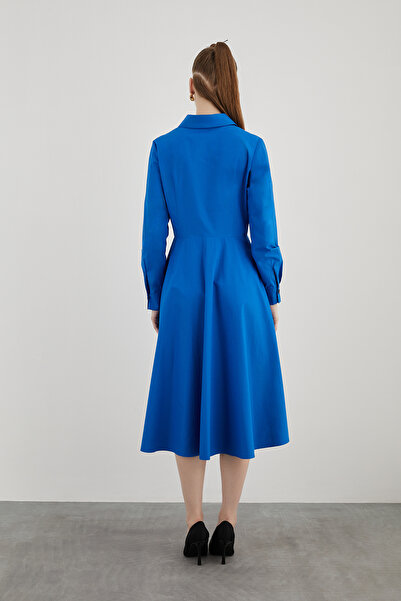 kı.we Dik Yaka Midi Boy Kloş Etekli Uzun Kollu Lacivert Gömlek Elbise