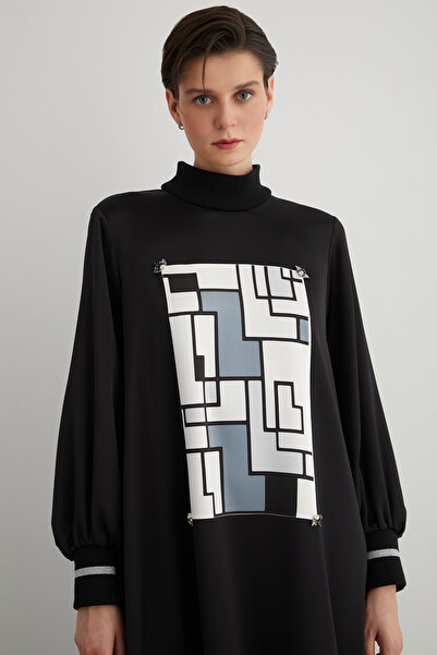 GIZIA SPORT Özel Pano Desen Detaylı Triko Manşetli Dik Yaka A Form Elbise