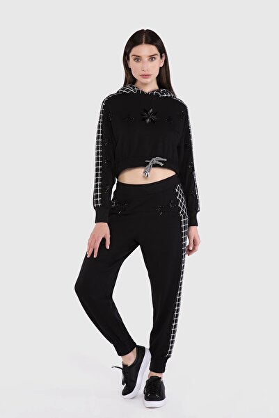 GIZIA SPORT Ekose Detaylı Işlemeli Kapşonlu Siyah Sweatshirt