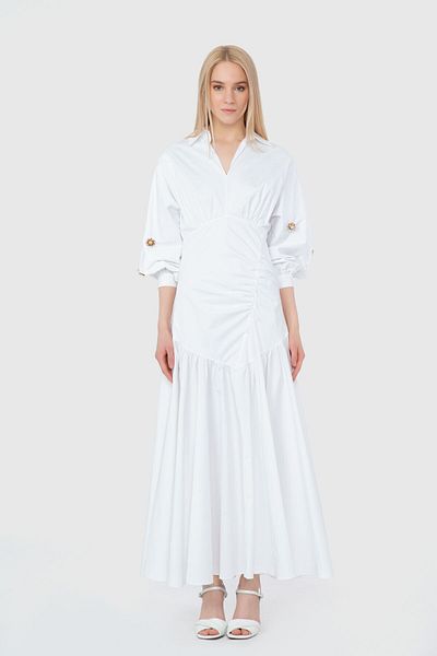 GİZİA White Dress with Embroidered Sleeves with Drawstring Asymmetrical Cups