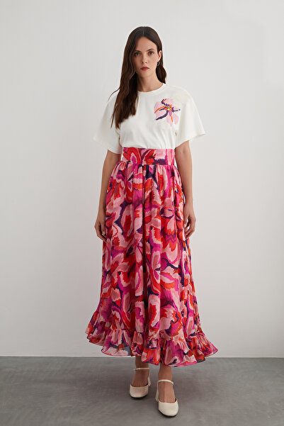 GİZİA Etek Ucu Volanlı Desenli Şifon Etek