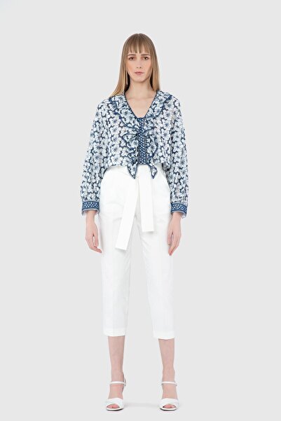 GİZİA Şerit Aksesuar Ve Işleme Detaylı Fırfırlı Brode Mavi Bluz