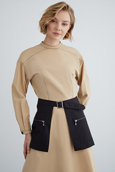 kı.we Kontrast Dikişli Kemer Detaylı Kahverengi Midi Elbise