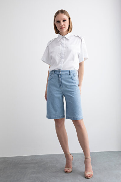 kı.we Cep Detaylı Yüksek Bel Kontrast Dikiş Detaylı Fermuarlı Denim Şort