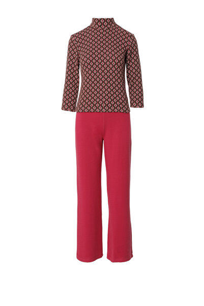 kı.we Kontrast Desenli Dik Yaka Truvakar Kol Rahat Kesim Pantolonlu Pembe Tri...