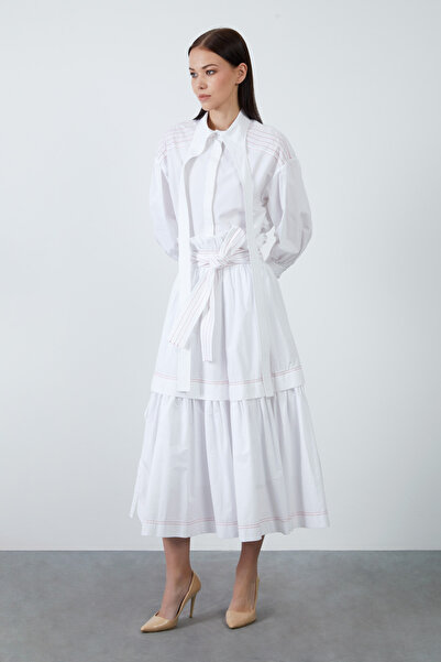 GİZİA Belden Büzgülü İki Katlı Beyaz Etek