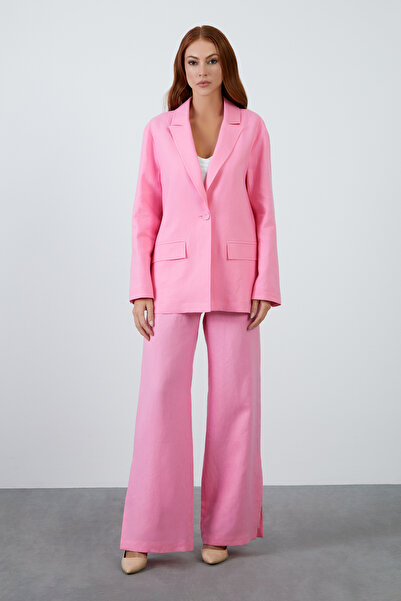 GİZİA Tek Düğme Kapamalı Uzun Kol Pembe Keten Ceket