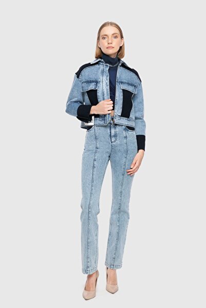 GİZİA Balık Sırtı Yünlü Kumaş Garnili Crop Mavi Jean Ceket