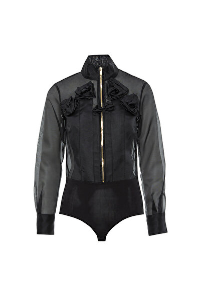 GİZİA Çiçek Detaylı Alttan Çıtçıtlı Siyah Transparan Bluz