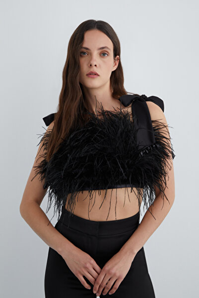 GİZİA Tüylü Siyah Crop Top