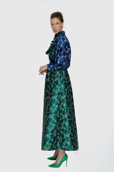 kı.we Ruffle Detailed Belted Green Print Long Jacquard Dress
