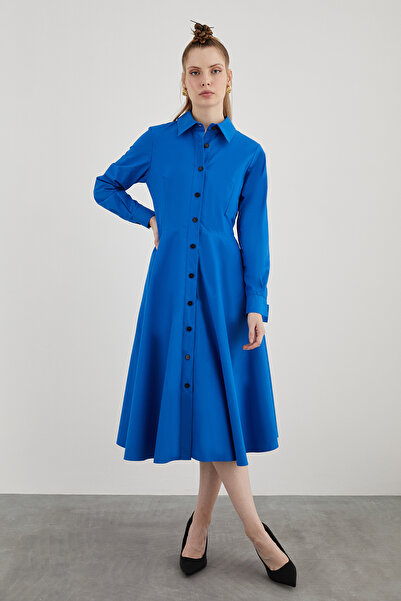 kı.we Dik Yaka Midi Boy Kloş Etekli Uzun Kollu Lacivert Gömlek Elbise