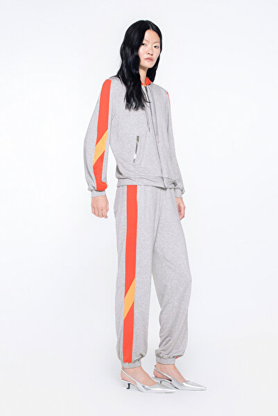 GIZIA SPORT Kapüşonlu Şerit Detaylı Gri Spor Üst