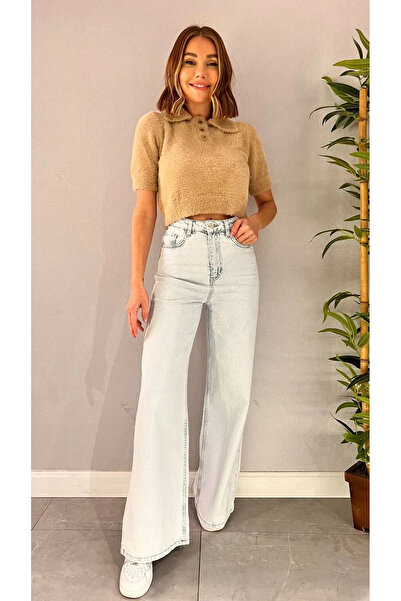 Dilvin 10475 Polo Collar Buttoned Soft Textured Crop Sweater-camel