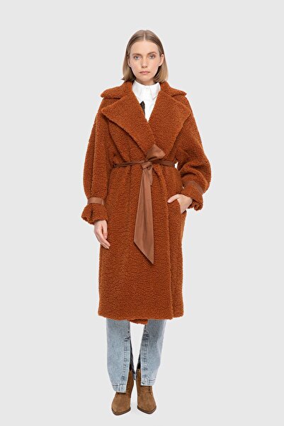 GİZİA Suni Kürk Oversize Tütün Rengi Kaban