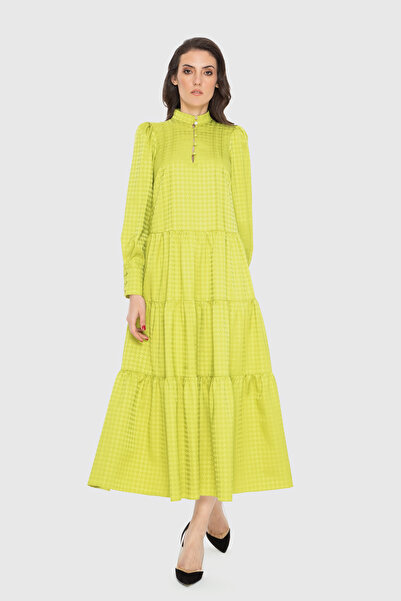 kı.we Kazayağı Desenli Yeşil Midi Elbise