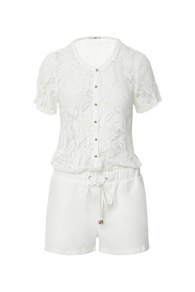 kı.we Üst Beden Dantelli Beli Lastikli Mini Beyaz Tulum