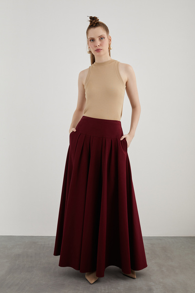 kı.we Yüksek Bel Bol Kesim Pileli Yan Cepli Uzun Kloş Kırmızı Etek