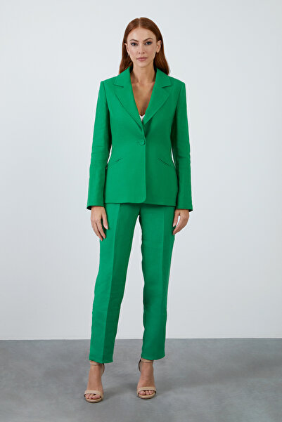 GİZİA Tek Düğme Kapamalı Uzun Kol Çimen Yeşili Keten Ceket