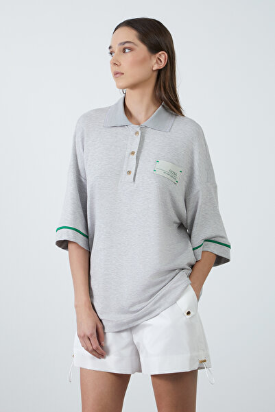 GİZİA Gömlek Yaka Bol Gri Tshirt