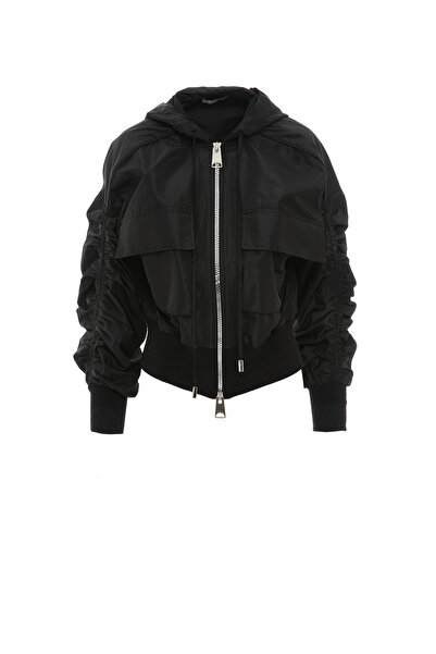 GIZIA SPORT Taşlı Bağcık Detaylı Kolu Büzgülü Geniş Cep Siyah Ceket