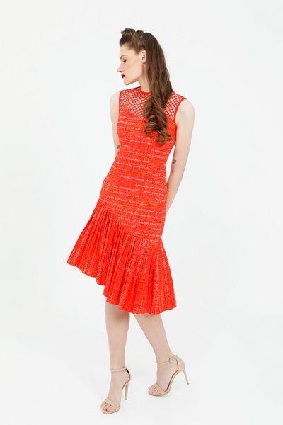 kı.we Lapel Mesh Detailed Pleated Fit Cut Letter Print Red Midi Dress