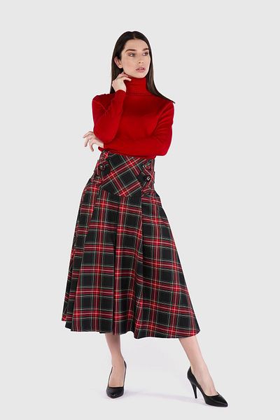 GİZİA Midi Size Plaid Red Skirt with High Waist Corsage