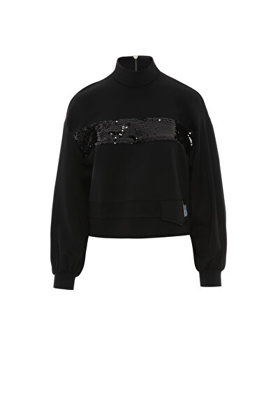 GİZİA Gold Aksesuarlı Bayet Detay Dik Yaka Siyah Bluz