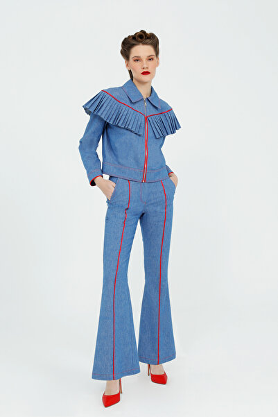 kı.we Omuz Plise Detaylı Önü Fermuarlı Mavi Ceket