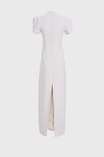 GİZİA V Yaka Taş Inci Işlemeli Uzun Gri Abiye Elbise