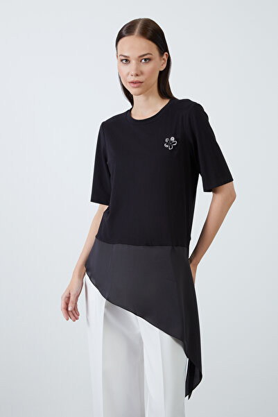 GİZİA Saten Kumaş Garnili Siyah Örme Bluz