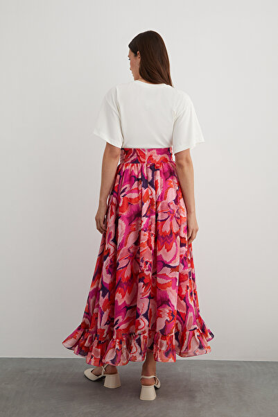 GİZİA Etek Ucu Volanlı Desenli Şifon Etek