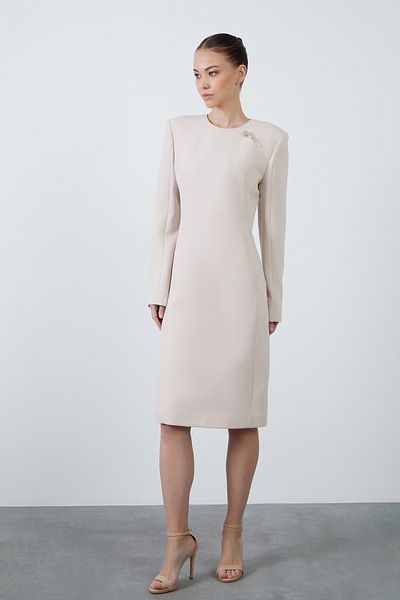 GİZİA Long Sleeve Midi Length Beige Pencil Dress with Pockets