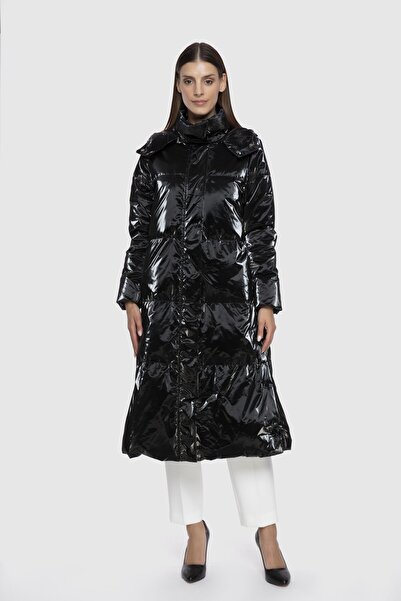 GİZİA Midi Boy Kapüşonlu Siyah Şişme Mont